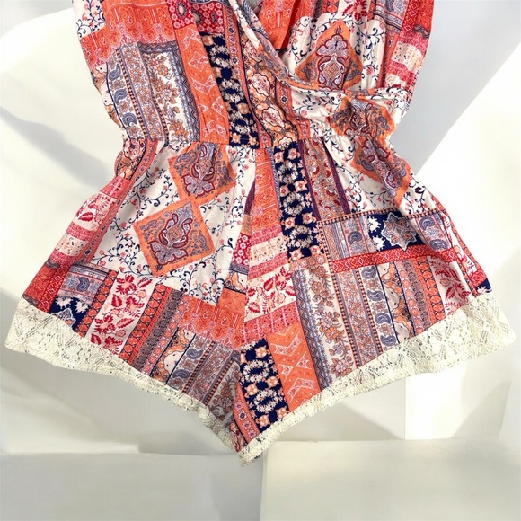 Les Amis Colorful Patchwork Bohemian Sleeveless Romper Large USA Made Lace Hem - Picture 3 of 8